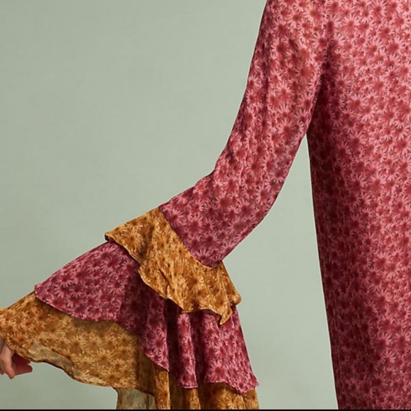 Varun Bahl Lanara yellow pink daisy print layered bell sleeves Small EUC - Picture 3 of 7